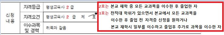 신청내용 : 자격등급 평생교육사 2급 / 자격요건 평생교육사 2급 제 2호 본교 재학 중 모든 교과목을 이수한 후 졸업한 자, 3호 전적대 학위가 있으면서 본교에서 모든 교과목을 이수한 후 졸업 전 자격증 신청을 원하거나 본교 재학시 일부를 이수하고 졸업후 추가로 과목을 이수한자 / 이수과목 및 경력 위쪽과 같음