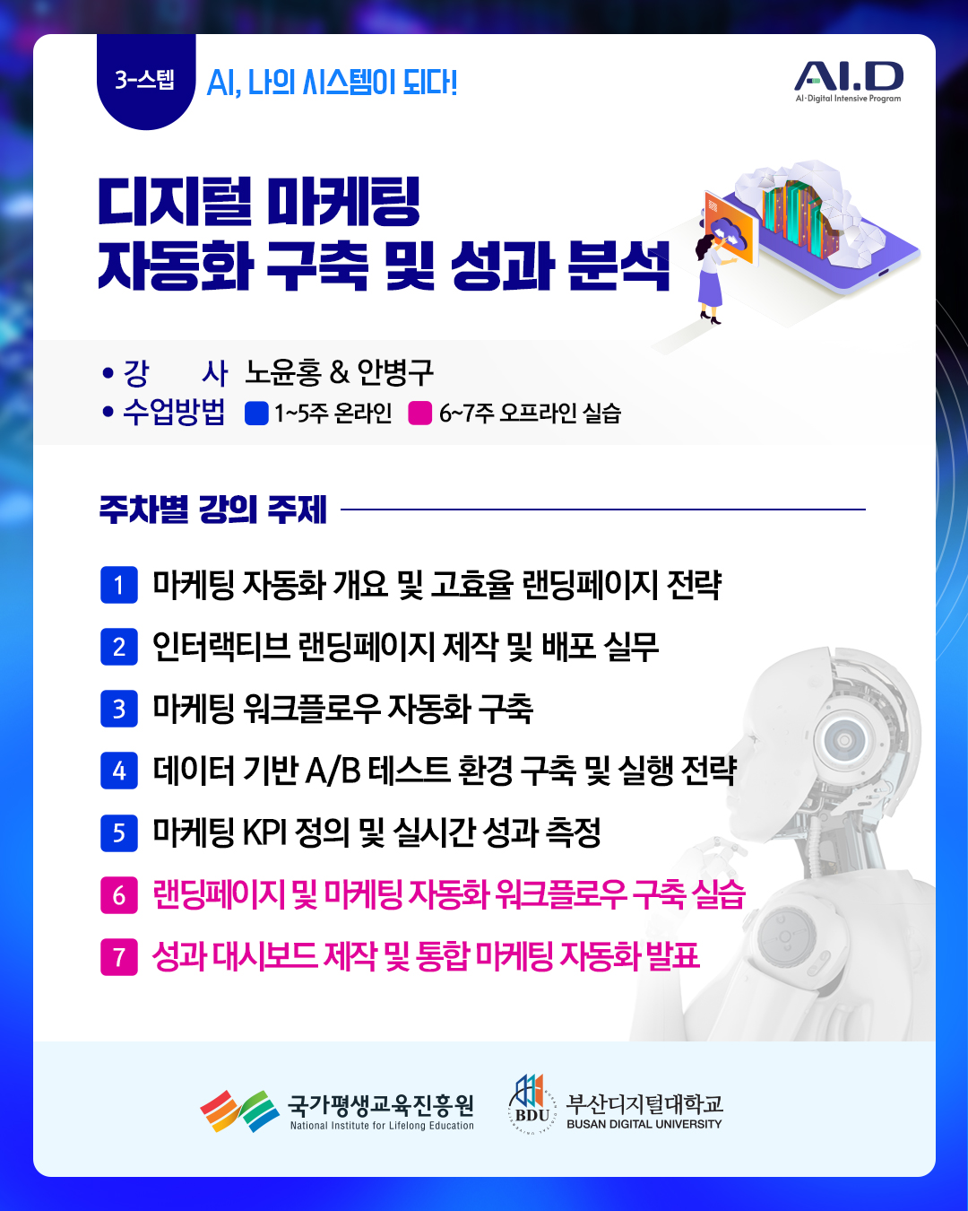 3-스텝 AI, 나의 시스템이 되다!. AI.D(로고) 디지털 마케팅 자동화 구축 및 성과 분석. 강 사 노윤홍 & 안병구. 수업방법: 1~5주 온라인, 6~7주 오프라인 실습. 주차별 강의 주제. 1주 마케팅 자동화 개요 및 고효율 랜딩페이지 전략 2주 인터랙티브 랜딩페이지 제작 및 배포 실무. 3주 마케팅 워크플로우 자동화 구축. 4주 데이터 기반 A/B 테스트 환경 구축 및 실행 전략. 5주 마케팅 KPI 정의 및 실시간 성과 측정. 6주 랜딩페이지 및 마케팅 자동화 워크플로우 구축 실습. 7주 성과 대시보드 제작 및 통합 마케팅 자동화 발표. 국가평생교육진흥원(로고) 부산디지털대학교(로고)