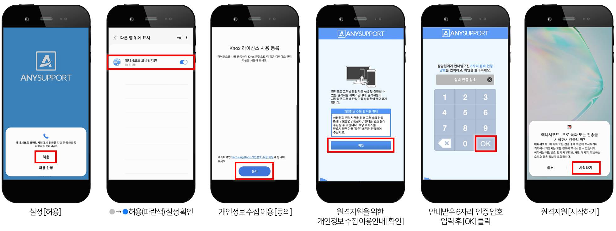 애니서포트 모바일지원 관리 [허용] > 다른 앱 위에 표시 [허용] > 개인정보 수집 이용 [동의] > 원격지원을 위한 개인정보 수집 [확인] > 상담원에게 안내받은 6자리 접속 인증 암호 입력 후 [OK] 버튼 클릭 > 애니서포트 원격지원 [시작하기]
